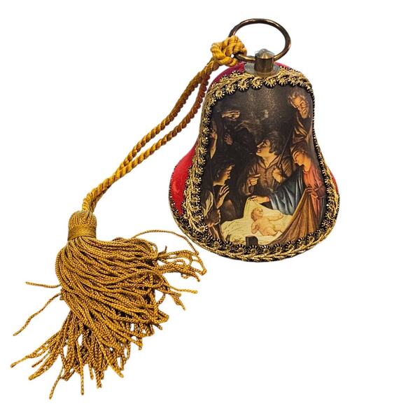 Vintage Reuge Music Box Bell Nativity Ornament Velvet Christmas Bell Musical - Picture 1 of 6